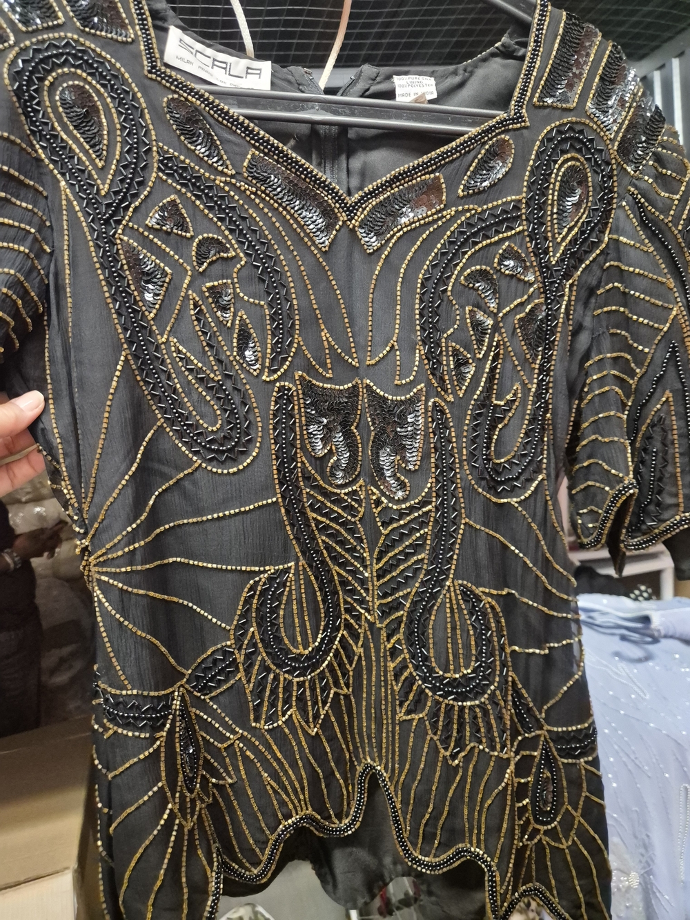 Scala Black Beaded Art Deco Top with Gold Accents